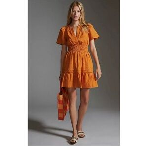 Anthropologie The Somerset Embroidered Textured A-Line Mini Dress Orange